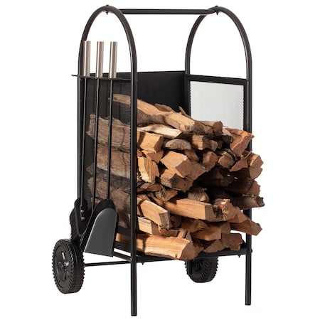 Gardenised Indoor and Outdoor Patio Iron Firewood Log Cart with Wheels and Fireplace Tool Set, Black QI004553